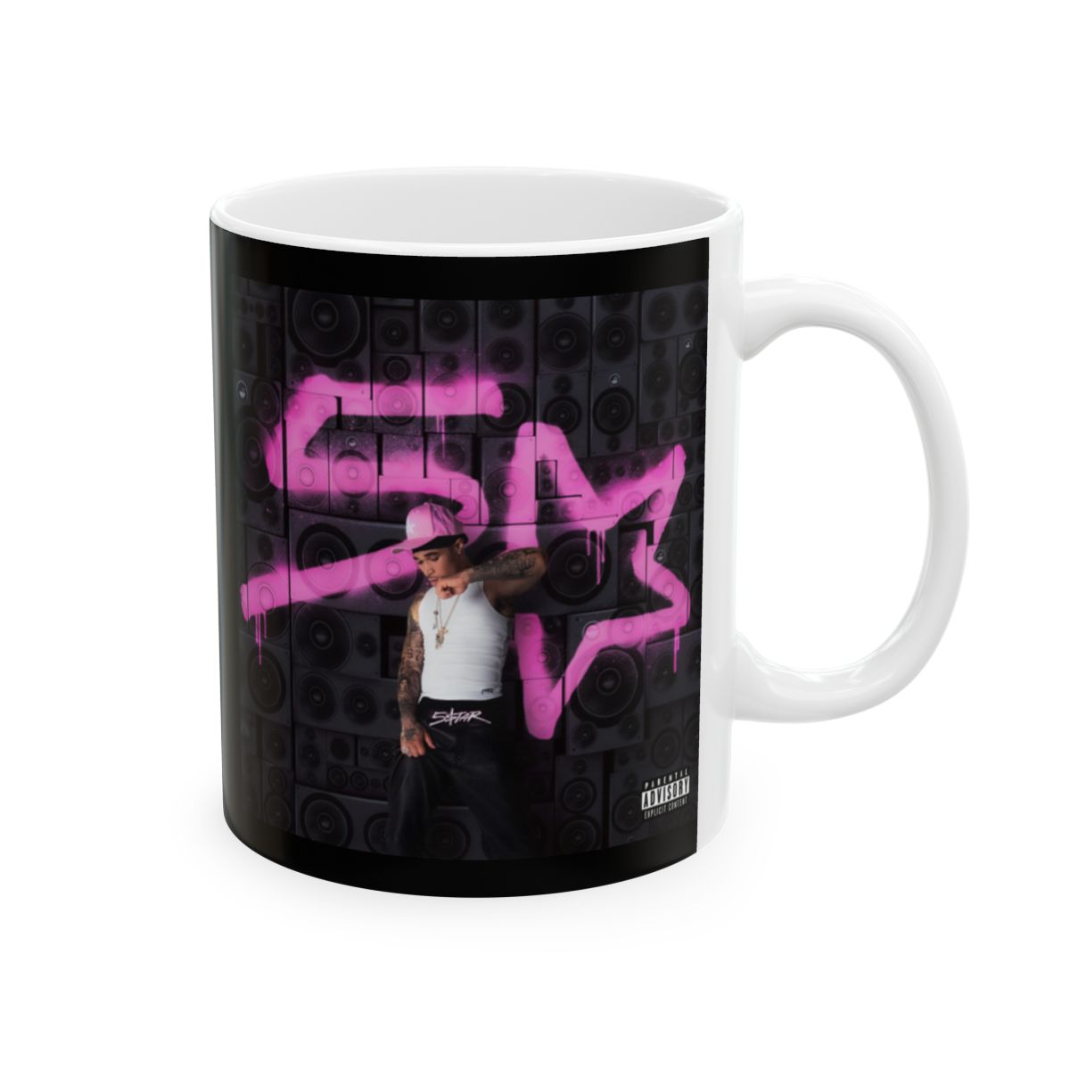 Pink Neon Graffiti Mug | Black Speaker Wall Background | Plaqueboymax - Official Mugs & Drinkware merchandise